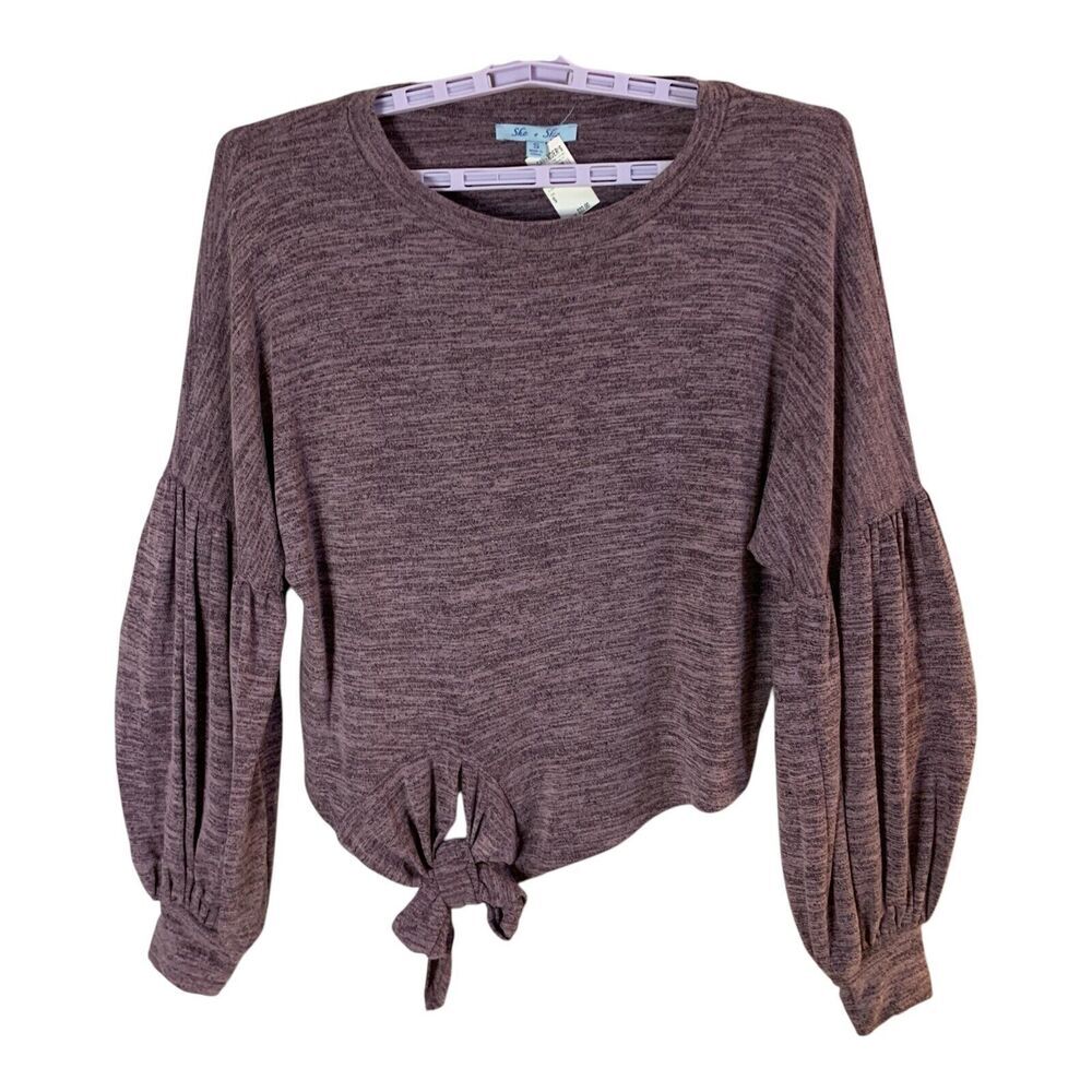 She + Sky Womens Blouse S Purple Flounce Sleeve Front Tie Relaxed Fit Cavenders